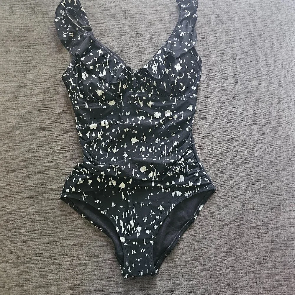 DKNY Women's Black Ruffled V- Neck One-piece Swimsuit Size Medium - Picture 4 of 14